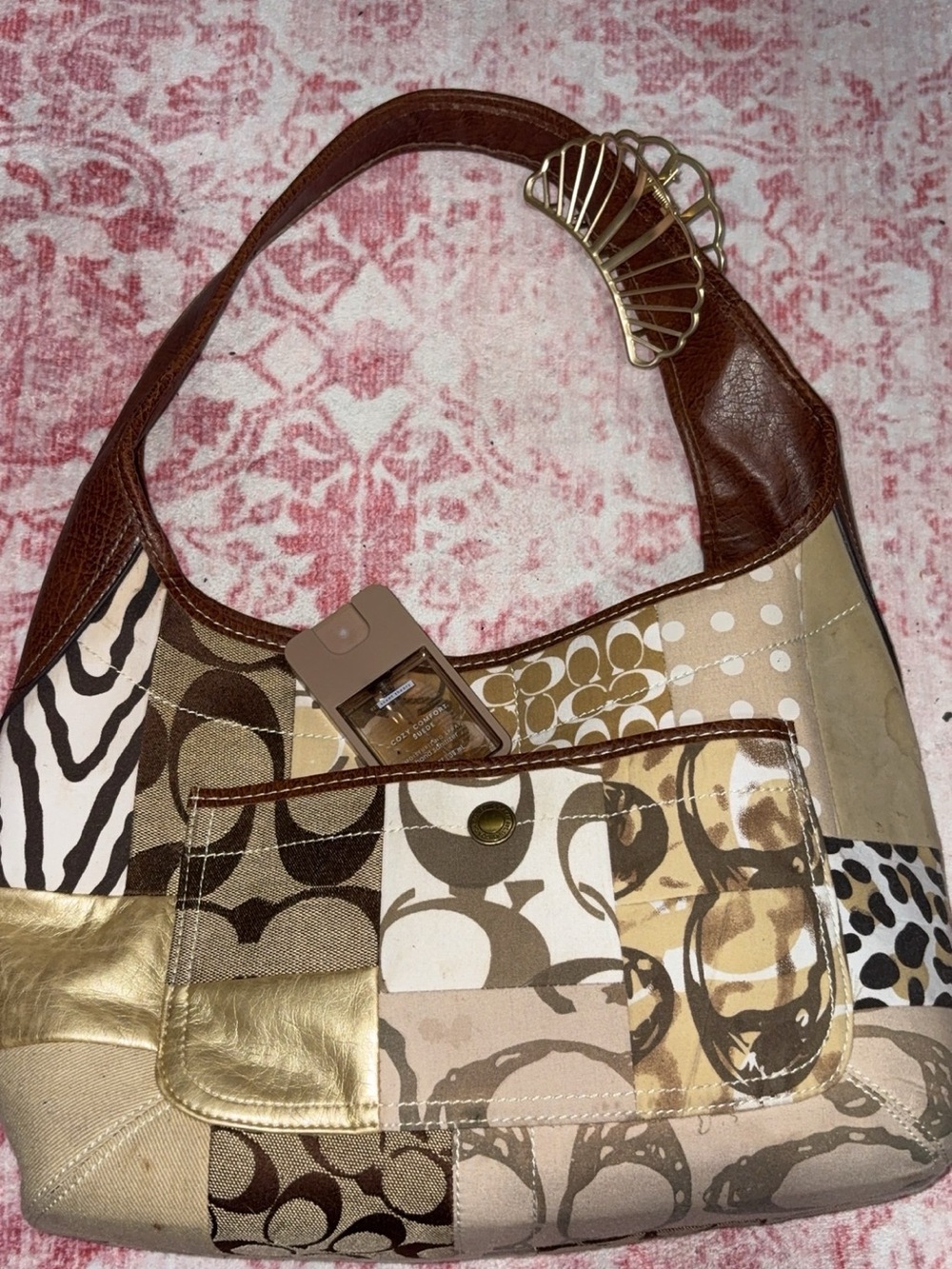 Coach Patchwork Hobo Bag in Brown, Cream and Gold-Tone